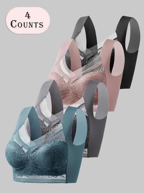 Women's Contrast Lace Wireless Push Up Bra, Soft Comfortable Breathable Lingerie Top for Daily Wear, Basic Womenswear for Lady, Lingerie for All Seasons